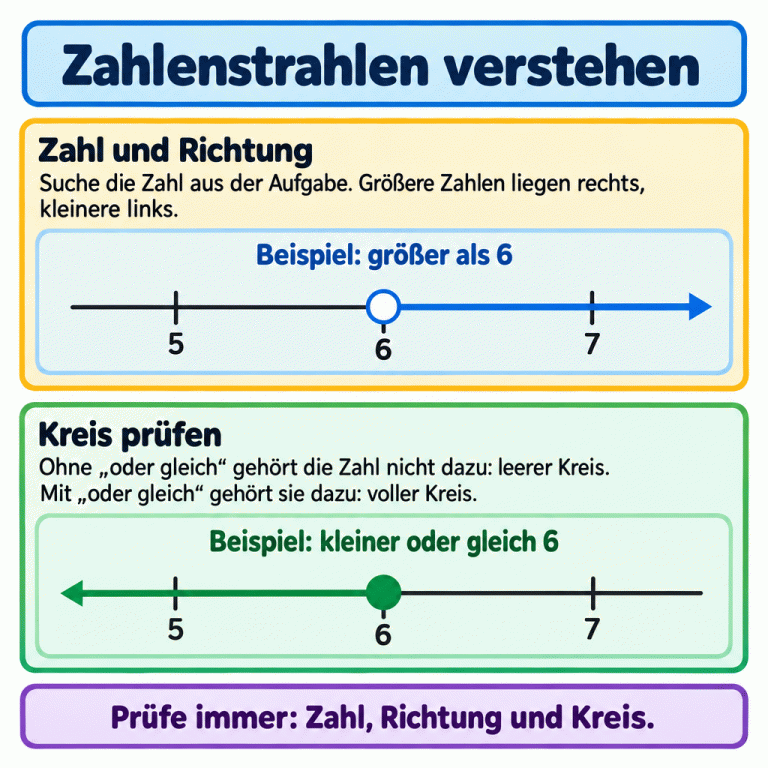 Suche zuerst die Zahl aus der Aufgabe. Größere Zahlen liegen rechts, kleinere links. Ohne „oder gleich“ ist der Grenzkreis leer und die Zahl gehört nicht dazu. Mit „oder gleich“ ist der Kreis voll und die Zahl gehört dazu. Zwei Lehrbeispiele mit der Grenze 6 zeigen einen leeren Kreis mit Markierung nach rechts für „größer als 6“ und einen vollen Kreis mit Markierung nach links für „kleiner oder gleich 6“. Zahlenstrahlen verstehen Zahl und Richtung: Suche die Zahl aus der Aufgabe. Größere Zahlen liegen rechts, kleinere links. Kreis prüfen: Ohne „oder gleich“ gehört die Zahl nicht dazu: leerer Kreis. Mit „oder gleich“ gehört sie dazu: voller Kreis. Prüfe immer: Zahl, Richtung und Kreis. Beispiel: größer als 6 Beispiel: kleiner oder gleich 6 5 6 7