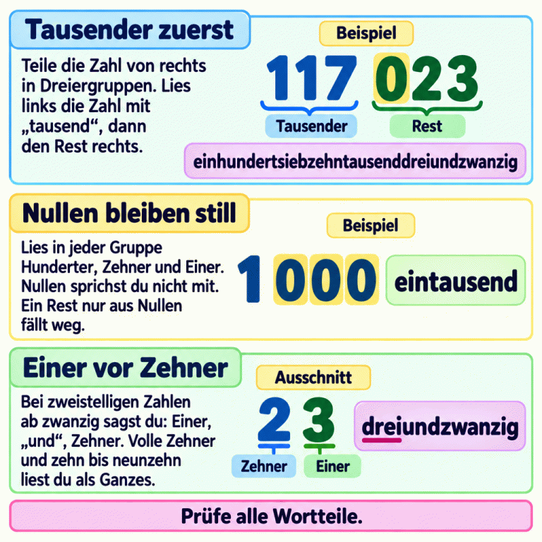 Zwei Lehrbeispiele erklären das Lesen großer Zahlen. 117 023 besteht aus 117 Tausendern und dem Rest 023. Es heißt einhundertsiebzehntausenddreiundzwanzig. Die Null im Rest wird nicht gesprochen. Bei 1 000 lautet das Zahlwort eintausend; der Nullrest fällt weg. Der Ausschnitt 23 zeigt zwei Zehner und drei Einer: dreiundzwanzig. Im Wort kommt der Einer vor dem Zehner. Volle Zehner sowie zehn bis neunzehn werden als Ganzes gelesen. Tausender zuerst: Teile die Zahl von rechts in Dreiergruppen. Lies links die Zahl mit „tausend“, dann den Rest rechts. Nullen bleiben still: Lies in jeder Gruppe Hunderter, Zehner und Einer. Nullen sprichst du nicht mit. Ein Rest nur aus Nullen fällt weg. Einer vor Zehner: Bei zweistelligen Zahlen ab zwanzig sagst du: Einer, „und“, Zehner. Volle Zehner und zehn bis neunzehn liest du als Ganzes. Prüfe alle Wortteile. Beispiel 117 023 Tausender Rest einhundertsiebzehntausenddreiundzwanzig 1 000 eintausend Ausschnitt 23 Zehner Einer dreiundzwanzig