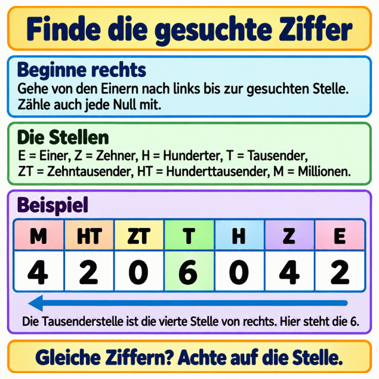 Eine Stellenwerttafel zeigt die Beispielzahl 4 206 042. Von rechts nach links folgen Einer, Zehner, Hunderter, Tausender, Zehntausender, Hunderttausender und Millionen. Die 6 steht an der Tausenderstelle, der vierten Stelle von rechts. Auch die beiden Nullen zählen als eigene Stellen. Gleiche Ziffern stehen an unterschiedlichen Stellen. Finde die gesuchte Ziffer Beginne rechts: Gehe von den Einern nach links bis zur gesuchten Stelle. Zähle auch jede Null mit. Die Stellen: E = Einer, Z = Zehner, H = Hunderter, T = Tausender, ZT = Zehntausender, HT = Hunderttausender, M = Millionen. Beispiel: Die Tausenderstelle ist die vierte Stelle von rechts. Hier steht die 6. Gleiche Ziffern? Achte auf die Stelle. M HT ZT T H Z E 4 2 6