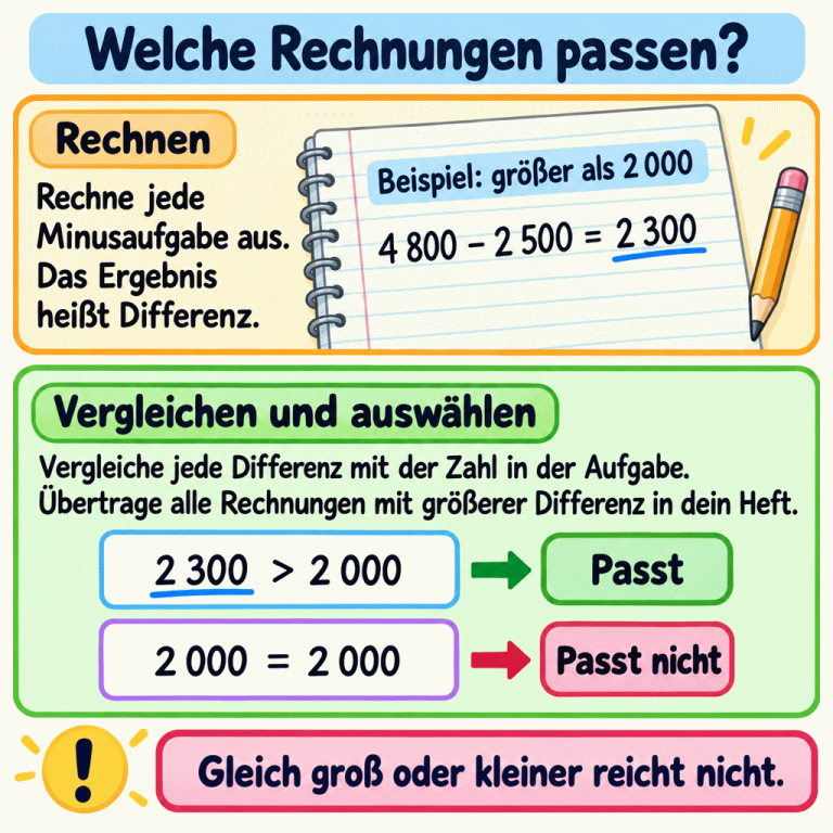 Zuerst wird jede Minusaufgabe ausgerechnet. Ihr Ergebnis heißt Differenz. Im Beispiel zur Vorgabe „größer als 2 000“ ergibt 4 800 minus 2 500 die Differenz 2 300. Weil 2 300 größer als 2 000 ist, passt die Rechnung. Eine Differenz von genau 2 000 passt nicht, denn sie ist nur gleich groß. Alle Rechnungen mit größerer Differenz werden ins Heft übertragen; gleiche und kleinere Ergebnisse zählen nicht. Welche Rechnungen passen? Rechnen: Rechne jede Minusaufgabe aus. Das Ergebnis heißt Differenz. Vergleichen und auswählen: Vergleiche jede Differenz mit der Zahl in der Aufgabe. Übertrage alle Rechnungen mit größerer Differenz in dein Heft. Gleich groß oder kleiner reicht nicht. Beispiel: größer als 2 000 4 800 − 2 500 = 2 300 2 300 > 2 000 Passt 2 000 = 2 000 Passt nicht !