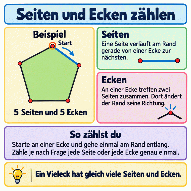 Ein ausdrücklich gekennzeichnetes Beispiel zeigt ein Vieleck mit fünf geraden Seiten und fünf Ecken. Eine ganze Seite ist hervorgehoben; kleine Punkte markieren die Ecken, an denen der Rand seine Richtung ändert. Eine Ecke dient als Start. Gehe einmal am Rand entlang und zähle je nach Frage jede Seite oder jede Ecke genau einmal. Ein Vieleck hat gleich viele Seiten und Ecken. Seiten und Ecken zählen Seiten: Eine Seite verläuft am Rand gerade von einer Ecke zur nächsten. Ecken: An einer Ecke treffen zwei Seiten zusammen. Dort ändert der Rand seine Richtung. So zählst du: Starte an einer Ecke und gehe einmal am Rand entlang. Zähle je nach Frage jede Seite oder jede Ecke genau einmal. Ein Vieleck hat gleich viele Seiten und Ecken. Beispiel 5 Seiten und 5 Ecken Start