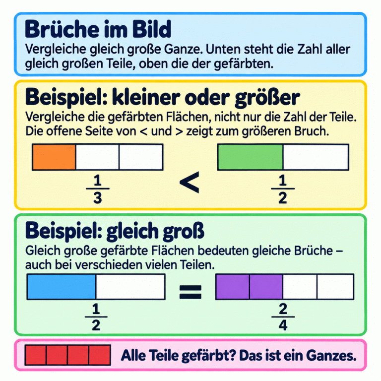 Zwei Beispiele zeigen Brüche an gleich großen Balken. Ein Drittel ist kleiner als ein Halb. Ein Halb ist gleich zwei Vierteln, obwohl unterschiedlich viele Teile gefärbt sind. Die Zahl unten zählt alle gleich großen Teile, die Zahl oben die gefärbten Teile. Die offene Seite des Vergleichszeichens zeigt zum größeren Bruch. Sind alle Teile gefärbt, ist es ein Ganzes. Brüche im Bild: Vergleiche gleich große Ganze. Unten steht die Zahl aller gleich großen Teile, oben die der gefärbten. Beispiel: kleiner oder größer: Vergleiche die gefärbten Flächen, nicht nur die Zahl der Teile. Die offene Seite von < und > zeigt zum größeren Bruch. Beispiel: gleich groß: Gleich große gefärbte Flächen bedeuten gleiche Brüche – auch bei verschieden vielen Teilen. Alle Teile gefärbt? Das ist ein Ganzes. 1/3 1/2 2/4 < =