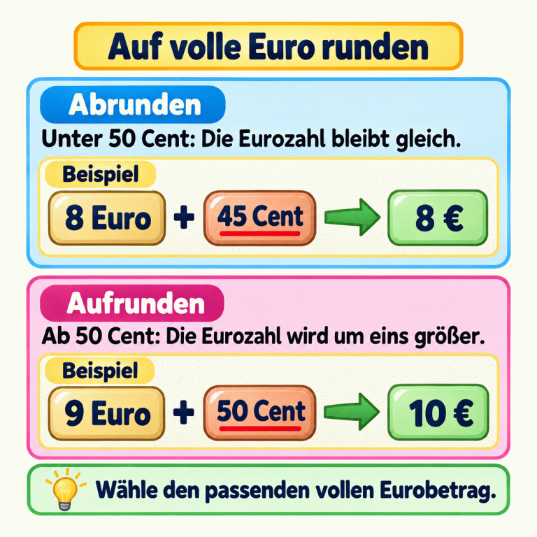 Zwei Beispiele erklären das Runden auf volle Euro. Unter 50 Cent bleibt die Eurozahl gleich: 8 Euro 45 Cent werden auf 8 Euro abgerundet. Ab 50 Cent wird die Eurozahl um eins größer: 9 Euro 50 Cent werden auf 10 Euro aufgerundet. Genau 50 Cent zählen bereits zum Aufrunden. Danach wird der passende volle Eurobetrag ausgewählt. Auf volle Euro runden Abrunden: Unter 50 Cent: Die Eurozahl bleibt gleich. Aufrunden: Ab 50 Cent: Die Eurozahl wird um eins größer. Wähle den passenden vollen Eurobetrag. Beispiel 8 Euro 45 Cent 8 € 9 Euro 50 Cent 10 € + +