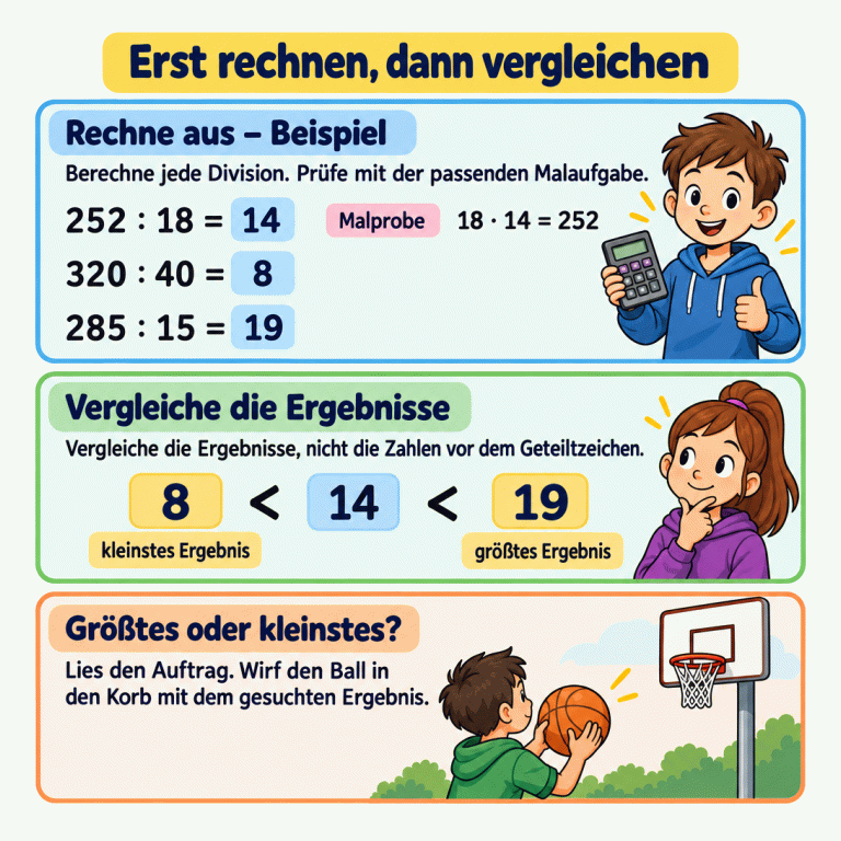 Ein gemeinsames Beispiel zeigt drei Divisionen: 252 geteilt durch 18 ergibt 14, 320 geteilt durch 40 ergibt 8 und 285 geteilt durch 15 ergibt 19. Die Malprobe 18 mal 14 gleich 252 prüft die erste Division. Anschließend werden die Ergebnisse geordnet: 8 ist kleiner als 14, und 14 ist kleiner als 19. Im Beispiel ist 8 das kleinste und 19 das größte Ergebnis. Der letzte Abschnitt erinnert daran, den Auftrag zu lesen und den passenden Korb zu wählen. Erst rechnen, dann vergleichen Rechne aus – Beispiel: Berechne jede Division. Prüfe mit der passenden Malaufgabe. Vergleiche die Ergebnisse: Vergleiche die Ergebnisse, nicht die Zahlen vor dem Geteiltzeichen. Größtes oder kleinstes?: Lies den Auftrag. Wirf den Ball in den Korb mit dem gesuchten Ergebnis. 252 : 18 = 14 320 : 40 = 8 285 : 15 = 19 Malprobe 18 · 14 = 252 8 < 14 < 19 kleinstes Ergebnis größtes Ergebnis