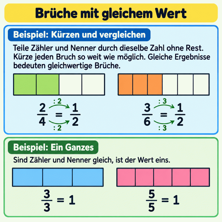 Beispiel zum Kürzen: Zwei gleich große Streifen zeigen zwei Viertel und drei Sechstel, jeweils die Hälfte. Zähler und Nenner werden durch zwei beziehungsweise drei geteilt; beide Ergebnisse sind ein Halb. Beispiel zum Ganzen: Drei Drittel und fünf Fünftel sind vollständig markiert und jeweils eins wert. Gleiche vollständig gekürzte Ergebnisse bedeuten gleichwertige Brüche. Brüche mit gleichem Wert Beispiel: Kürzen und vergleichen: Teile Zähler und Nenner durch dieselbe Zahl ohne Rest. Kürze jeden Bruch so weit wie möglich. Gleiche Ergebnisse bedeuten gleichwertige Brüche. Beispiel: Ein Ganzes: Sind Zähler und Nenner gleich, ist der Wert eins. 2/4 = 1/2 3/6 = 1/2 : 2 : 3 3/3 = 1 5/5 = 1