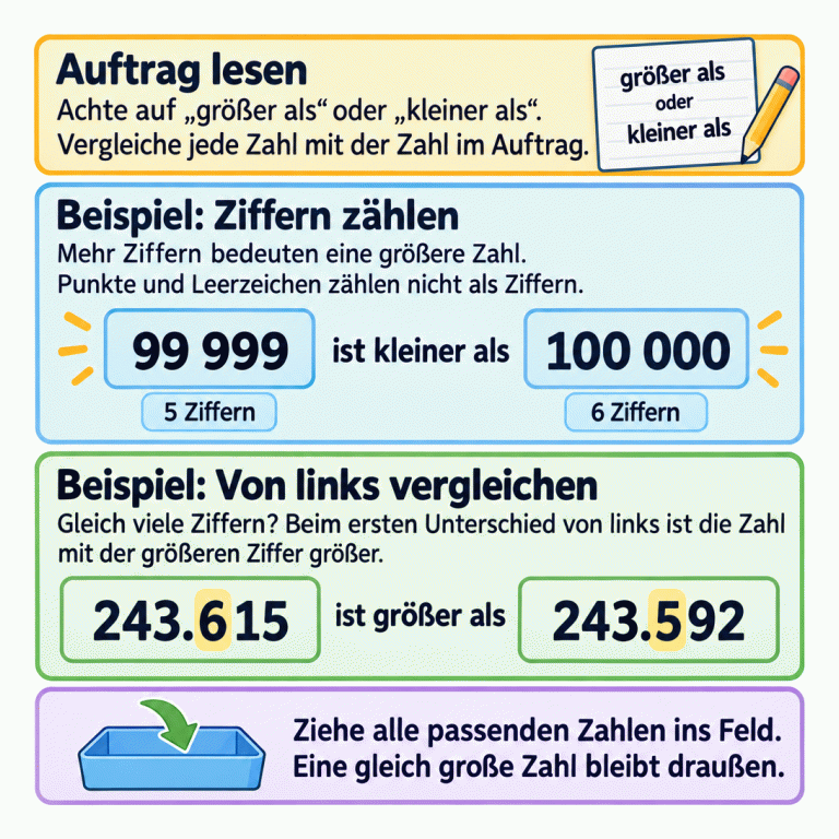 Die Lernkarte erklärt, wie du alle Zahlen auswählst, die größer oder kleiner als die Zahl im Auftrag sind. Zuerst prüfst du das Vergleichskriterium. Im ersten Beispiel ist 99 999 mit fünf Ziffern kleiner als 100 000 mit sechs Ziffern. Punkte und Leerzeichen zählen nicht als Ziffern. Bei gleich vielen Ziffern entscheidet der erste Unterschied von links: 243.615 ist größer als 243.592, weil an der ersten unterschiedlichen Stelle 6 größer als 5 ist. Ziehe alle passenden Zahlen ins Feld. Eine gleich große Zahl bleibt draußen. Auftrag lesen: Achte auf „größer als“ oder „kleiner als“. Vergleiche jede Zahl mit der Zahl im Auftrag. Beispiel: Ziffern zählen: Mehr Ziffern bedeuten eine größere Zahl. Punkte und Leerzeichen zählen nicht als Ziffern. Beispiel: Von links vergleichen: Gleich viele Ziffern? Beim ersten Unterschied von links ist die Zahl mit der größeren Ziffer größer. Ziehe alle passenden Zahlen ins Feld. Eine gleich große Zahl bleibt draußen. 99 999 ist kleiner als 100 000 5 Ziffern 6 Ziffern 243.615 ist größer als 243.592 größer als
oder
kleiner als
