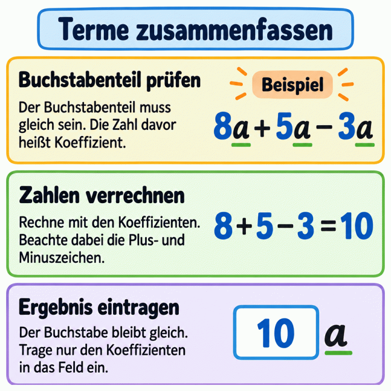 Ein durchgehendes Beispiel zeigt 8a + 5a − 3a. Der gemeinsame Buchstabenteil a bleibt unverändert. Die Koeffizienten werden als 8 + 5 − 3 = 10 verrechnet. Der Ergebnisterm ist 10a. Im Eingabefeld steht nur 10; das a bleibt außerhalb. Terme zusammenfassen Buchstabenteil prüfen: Der Buchstabenteil muss gleich sein. Die Zahl davor heißt Koeffizient. Zahlen verrechnen: Rechne mit den Koeffizienten. Beachte dabei die Plus- und Minuszeichen. Ergebnis eintragen: Der Buchstabe bleibt gleich. Trage nur den Koeffizienten in das Feld ein. Beispiel 8 a + 5 − 3 = 10