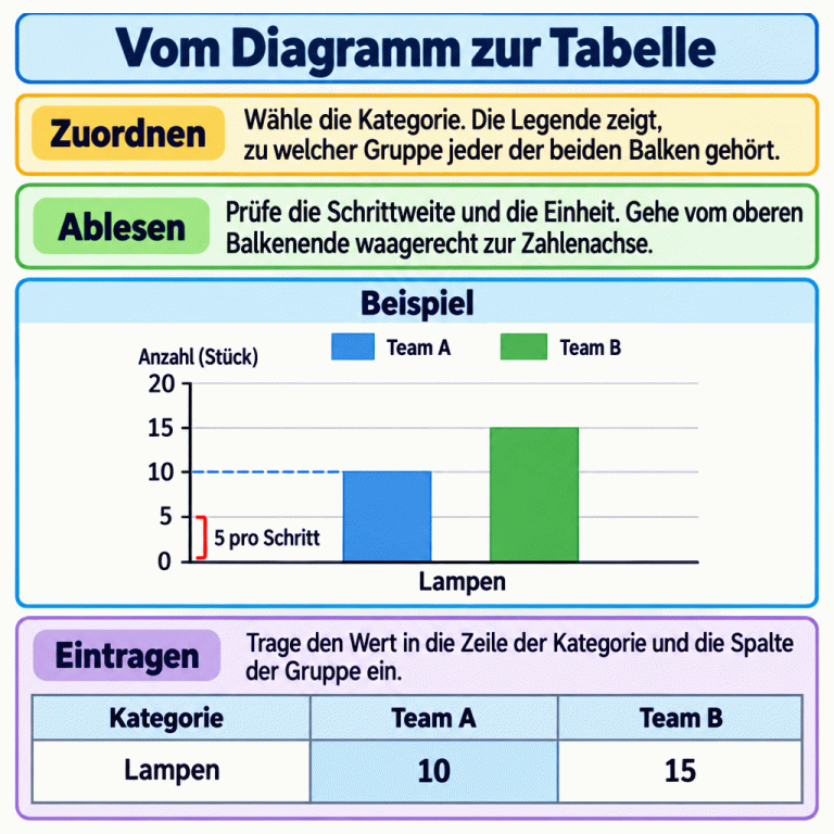 Anleitung mit den Schritten Zuordnen, Ablesen und Eintragen. Das markierte Beispiel zeigt zur Kategorie Lampen zwei Balken: Team A erreicht 10 Stück, Team B 15 Stück. Die Zahlenachse reicht von 0 bis 20 in Schritten von 5. Eine waagerechte Ablesehilfe verbindet das Ende des Team-A-Balkens mit der 10 auf der Skala. Darunter stehen in der Tabellenzeile Lampen die Werte 10 unter Team A und 15 unter Team B. Der Text erklärt die Zuordnung über die Legende, das Prüfen von Schrittweite und Einheit und das Eintragen in die passende Kategoriezeile und Gruppenspalte. Vom Diagramm zur Tabelle Zuordnen: Wähle die Kategorie. Die Legende zeigt, zu welcher Gruppe jeder der beiden Balken gehört. Ablesen: Prüfe die Schrittweite und die Einheit. Gehe vom oberen Balkenende waagerecht zur Zahlenachse. Eintragen: Trage den Wert in die Zeile der Kategorie und die Spalte der Gruppe ein. Beispiel Anzahl (Stück) Team A Team B Lampen Kategorie 5 10 15 20 5 pro Schritt