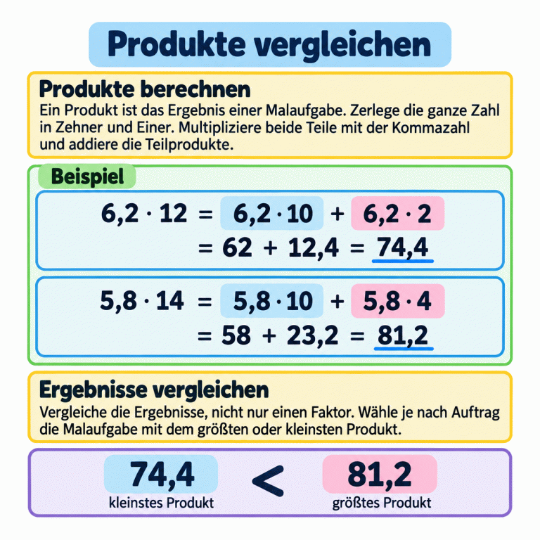 Ein Produkt ist das Ergebnis einer Malaufgabe. Zwei Beispielrechnungen zeigen die Zerlegung der ganzen Zahl in Zehner und Einer: 6,2 mal 12 ergibt 62 plus 12,4, also 74,4. 5,8 mal 14 ergibt 58 plus 23,2, also 81,2. Unter diesen beiden Beispielprodukten ist 74,4 das kleinste und 81,2 das größte. Je nach Auftrag wird die Malaufgabe mit dem größten oder kleinsten Ergebnis gewählt. Produkte vergleichen Produkte berechnen: Ein Produkt ist das Ergebnis einer Malaufgabe. Zerlege die ganze Zahl in Zehner und Einer. Multipliziere beide Teile mit der Kommazahl und addiere die Teilprodukte. Ergebnisse vergleichen: Vergleiche die Ergebnisse, nicht nur einen Faktor. Wähle je nach Auftrag die Malaufgabe mit dem größten oder kleinsten Produkt. Beispiel 6,2 ⋅ 12 = 6,2 ⋅ 10 + 6,2 ⋅ 2 = 62 + 12,4 = 74,4 5,8 ⋅ 14 = 5,8 ⋅ 10 + 5,8 ⋅ 4 = 58 + 23,2 = 81,2 74,4 < 81,2 kleinstes Produkt größtes Produkt