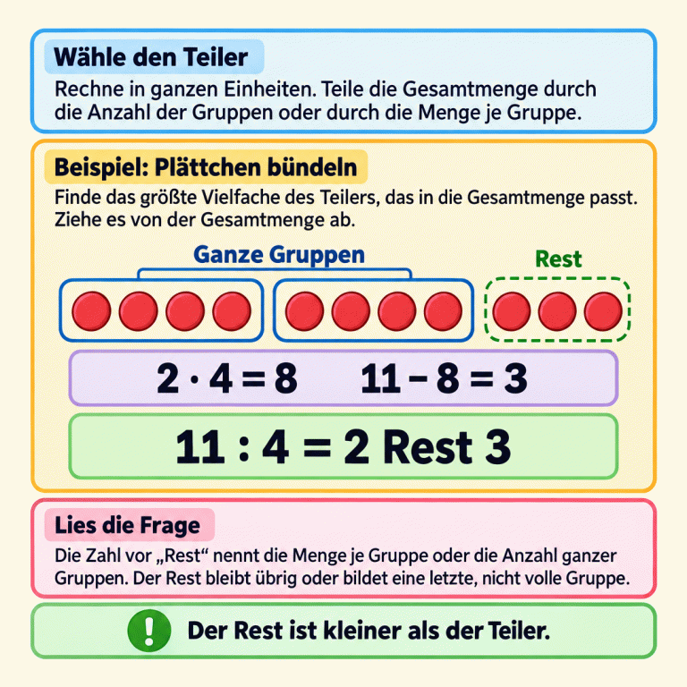 Beispiel mit elf Plättchen: zwei vollständige Vierergruppen und drei Restplättchen. Zwei mal vier ergibt acht; elf minus acht ergibt drei. Elf geteilt durch vier ergibt zwei Rest drei. Beim Verteilen teilst du durch die Gruppenanzahl, beim Bündeln durch die Menge je Gruppe. Die Zahl vor „Rest“ bedeutet entsprechend die Menge je Gruppe oder die Anzahl vollständiger Gruppen. Die Frage entscheidet, welche Angabe gebraucht wird. Der Rest kann eine letzte, nicht volle Gruppe bilden und ist kleiner als der Teiler. Wähle den Teiler: Rechne in ganzen Einheiten. Teile die Gesamtmenge durch die Anzahl der Gruppen oder durch die Menge je Gruppe. Beispiel: Plättchen bündeln: Finde das größte Vielfache des Teilers, das in die Gesamtmenge passt. Ziehe es von der Gesamtmenge ab. Lies die Frage: Die Zahl vor „Rest“ nennt die Menge je Gruppe oder die Anzahl ganzer Gruppen. Der Rest bleibt übrig oder bildet eine letzte, nicht volle Gruppe. Der Rest ist kleiner als der Teiler. Ganze Gruppen Rest 2 · 4 = 8 11 − 8 = 3 11 : 4 = 2 Rest 3 !