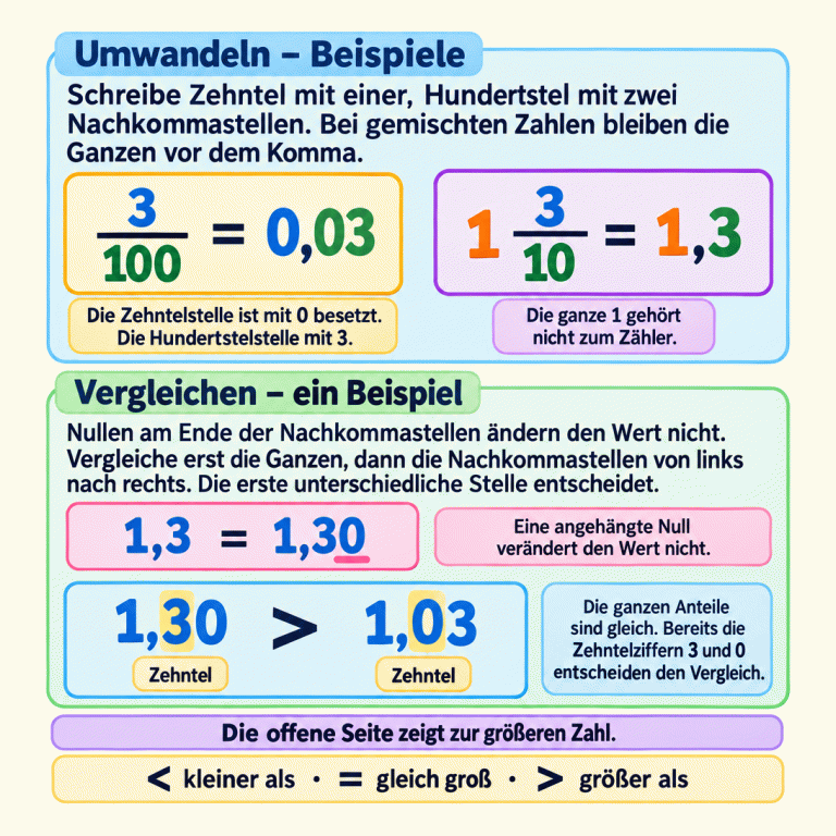 Zwei Umwandlungsbeispiele: Drei Hundertstel entsprechen 0,03. Ein Ganzes und drei Zehntel entsprechen 1,3. Eine angehängte Null verändert den Wert nicht: 1,3 ist gleich 1,30. Beim Vergleich von 1,30 und 1,03 sind die ganzen Anteile gleich. Die Zehntel 3 und 0 entscheiden: 1,30 ist größer als 1,03. Die offene Seite des Zeichens zeigt zur größeren Zahl. Eine Legende erklärt kleiner als, gleich groß und größer als. Umwandeln – Beispiele: Schreibe Zehntel mit einer, Hundertstel mit zwei Nachkommastellen. Bei gemischten Zahlen bleiben die Ganzen vor dem Komma. Vergleichen – ein Beispiel: Nullen am Ende der Nachkommastellen ändern den Wert nicht. Vergleiche erst die Ganzen, dann die Nachkommastellen von links nach rechts. Die erste unterschiedliche Stelle entscheidet. Die offene Seite zeigt zur größeren Zahl. 3 100 0,03 1 10 1,3 1,30 1,03 = > Zehntel < kleiner als · = gleich groß · > größer als Die Zehntelstelle ist mit 0 besetzt. Die Hundertstelstelle mit 3. Die ganze 1 gehört nicht zum Zähler. Eine angehängte Null verändert den Wert nicht. Die ganzen Anteile sind gleich. Bereits die Zehntelziffern 3 und 0 entscheiden den Vergleich.