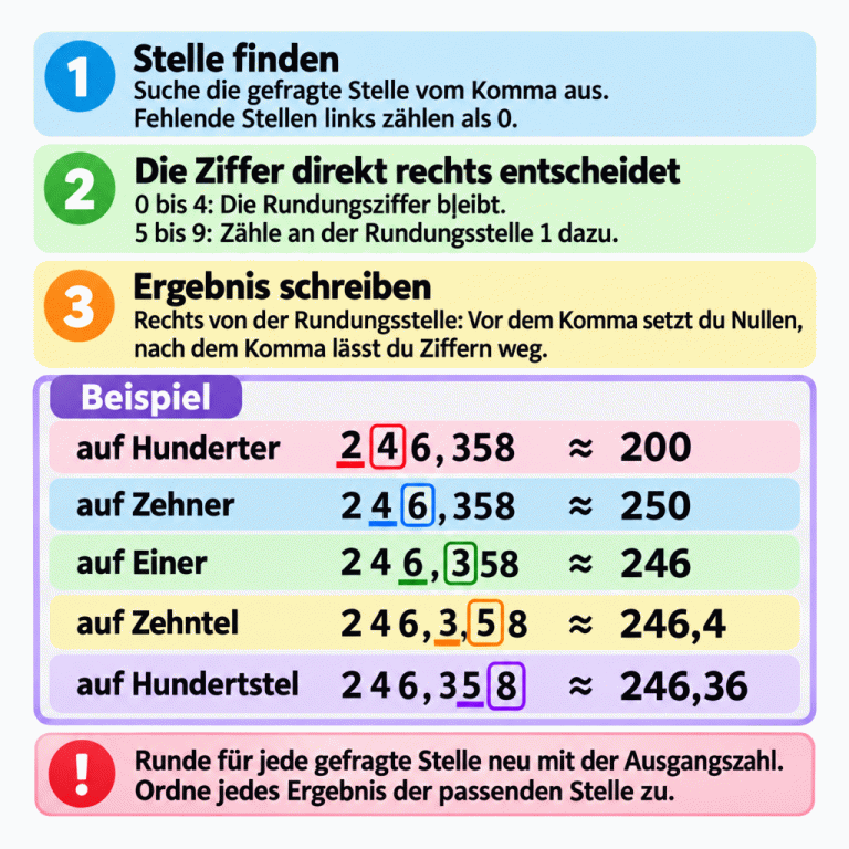Merkkarte zum Runden. Finde die gefragte Stelle vom Komma aus; links fehlende Stellen zählen als null. Die Ziffer direkt rechts entscheidet: Bei null bis vier bleibt die Rundungsziffer, bei fünf bis neun wird an der Rundungsstelle eins dazugezählt. Rechts davon werden Ziffern vor dem Komma zu Nullen; Ziffern nach dem Komma entfallen. Im Beispiel wird immer neu von 246,358 ausgegangen: auf Hunderter 200, auf Zehner 250, auf Einer 246, auf Zehntel 246,4 und auf Hundertstel 246,36. Die Rundungsziffern sind unterstrichen, ihre unmittelbar rechten Nachbarziffern umrahmt. Jedes Ergebnis wird der passenden Stelle zugeordnet. Stelle finden: Suche die gefragte Stelle vom Komma aus. Fehlende Stellen links zählen als 0. Die Ziffer direkt rechts entscheidet: 0 bis 4: Die Rundungsziffer bleibt. 5 bis 9: Zähle an der Rundungsstelle 1 dazu. Ergebnis schreiben: Rechts von der Rundungsstelle: Vor dem Komma setzt du Nullen, nach dem Komma lässt du Ziffern weg. Runde für jede gefragte Stelle neu mit der Ausgangszahl. Ordne jedes Ergebnis der passenden Stelle zu. Beispiel auf Hunderter 246,358 ≈ 200 auf Zehner 246,358 ≈ 250 auf Einer 246,358 ≈ 246 auf Zehntel 246,358 ≈ 246,4 auf Hundertstel 246,358 ≈ 246,36 1 2 3 !