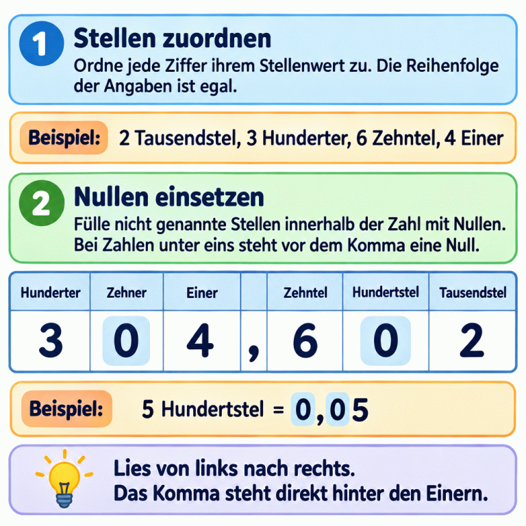Eine Stellenwerttafel zeigt die Reihenfolge Hunderter, Zehner, Einer, dann das Komma, Zehntel, Hundertstel und Tausendstel. Das Lehrbeispiel mit 2 Tausendsteln, 3 Hundertern, 6 Zehnteln und 4 Einern ergibt 304,602. Die fehlenden Zehner und Hundertstel werden durch Nullen erhalten. Ein kurzes Zusatzbeispiel zeigt: 5 Hundertstel = 0,05. Bei Zahlen unter eins steht eine Null vor dem Komma. Entscheidend sind die Stellenwerte, nicht die Reihenfolge der Angaben. Stellen zuordnen: Ordne jede Ziffer ihrem Stellenwert zu. Die Reihenfolge der Angaben ist egal. Nullen einsetzen: Fülle nicht genannte Stellen innerhalb der Zahl mit Nullen. Bei Zahlen unter eins steht vor dem Komma eine Null. Lies von links nach rechts. Das Komma steht direkt hinter den Einern. Beispiel: 2 Tausendstel, 3 Hunderter, 6 Zehntel, 4 Einer Hunderter Zehner Einer Zehntel Hundertstel Tausendstel 304,602 5 Hundertstel = 0,05 1 2
