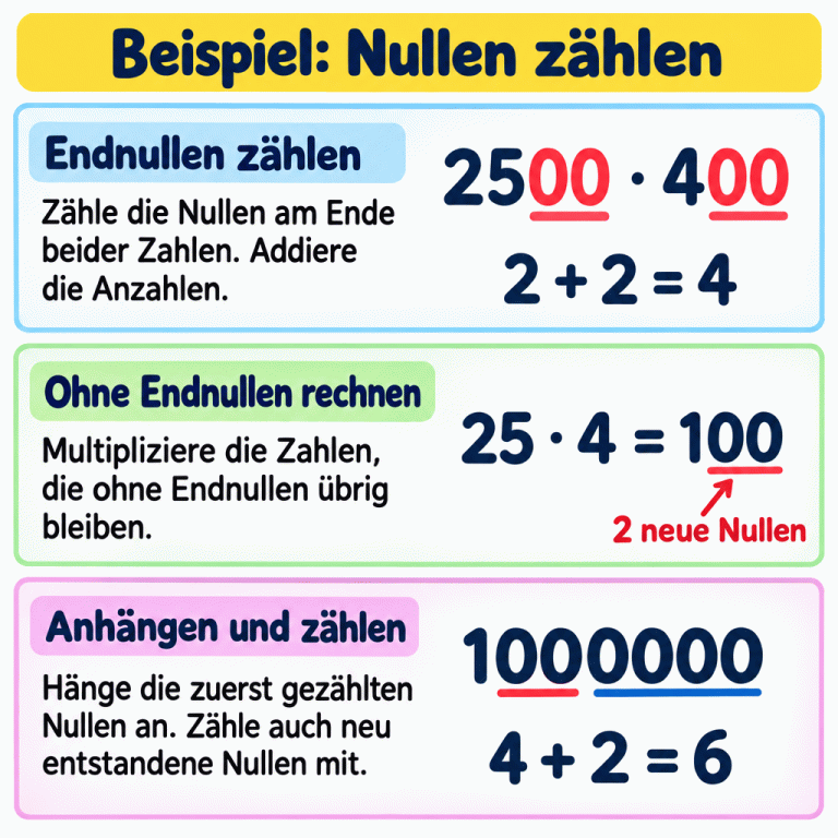 Ein durchgehendes Beispiel in drei Abschnitten: Bei 2500 · 400 werden zwei und zwei Endnullen gezählt, zusammen vier. Ohne diese Endnullen gilt 25 · 4 = 100; dabei entstehen zwei neue Nullen. Vier Nullen an 100 angehängt ergeben 1000000. Das Ergebnis hat insgesamt sechs Nullen: vier angehängte und zwei neu entstandene. Beispiel: Nullen zählen Endnullen zählen: Zähle die Nullen am Ende beider Zahlen. Addiere die Anzahlen. Ohne Endnullen rechnen: Multipliziere die Zahlen, die ohne Endnullen übrig bleiben. Anhängen und zählen: Hänge die zuerst gezählten Nullen an. Zähle auch neu entstandene Nullen mit. 2500 · 400 2 + 2 = 4 25 · 4 = 100 2 neue Nullen 1000000 4 + 2 = 6