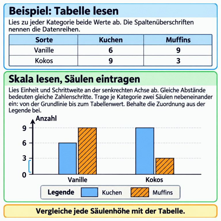 Ein Lehrbeispiel zeigt eine Tabelle und das passende doppelte Säulendiagramm. Vanille: sechs Kuchen und neun Muffins. Kokos: neun Kuchen und drei Muffins. Die senkrechte Achse heißt Anzahl und zeigt null, drei, sechs und neun in gleichen Abständen. Zu jeder Sorte stehen zwei Säulen nebeneinander auf der gemeinsamen Nulllinie. Ungemusterte Säulen stehen laut Legende für Kuchen, schraffierte für Muffins. Die Anleitung erklärt, wie du beide Tabellenwerte zuordnest, die Achsenschritte liest und jede Säule bis zum passenden Wert einträgst. Zum Schluss vergleichst du alle Säulenhöhen mit der Tabelle. Beispiel: Tabelle lesen: Lies zu jeder Kategorie beide Werte ab. Die Spaltenüberschriften nennen die Datenreihen. Skala lesen, Säulen eintragen: Lies Einheit und Schrittweite an der senkrechten Achse ab. Gleiche Abstände bedeuten gleiche Zahlenschritte. Trage je Kategorie zwei Säulen nebeneinander ein: von der Grundlinie bis zum Tabellenwert. Behalte die Zuordnung aus der Legende bei. Vergleiche jede Säulenhöhe mit der Tabelle. Sorte Kuchen Muffins Vanille Kokos 3 6 9 Anzahl Legende
