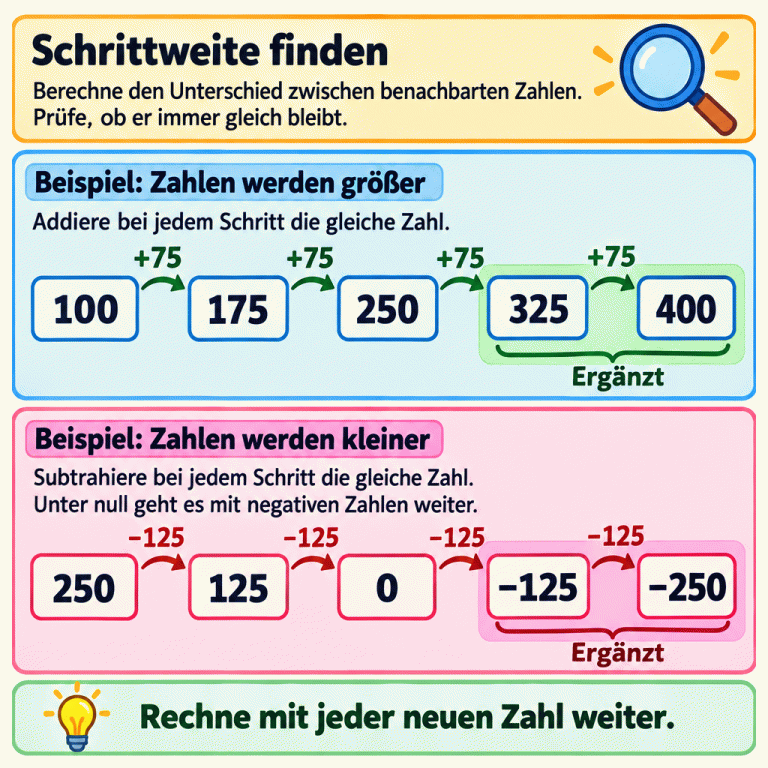 Berechne und prüfe die Unterschiede benachbarter Zahlen. Im aufsteigenden Lehrbeispiel folgen 100, 175, 250, 325 und 400 mit der Schrittweite plus 75 aufeinander. Im absteigenden Lehrbeispiel folgen 250, 125, 0, minus 125 und minus 250 mit der Schrittweite minus 125 aufeinander. Jeweils sind die letzten beiden Zahlen ergänzt. Jede neue Zahl wird für den nächsten Schritt genutzt. Schrittweite finden: Berechne den Unterschied zwischen benachbarten Zahlen. Prüfe, ob er immer gleich bleibt. Beispiel: Zahlen werden größer: Addiere bei jedem Schritt die gleiche Zahl. Beispiel: Zahlen werden kleiner: Subtrahiere bei jedem Schritt die gleiche Zahl. Unter null geht es mit negativen Zahlen weiter. Rechne mit jeder neuen Zahl weiter. 100 175 250 325 400 125 −125 −250 +75 −125 Ergänzt