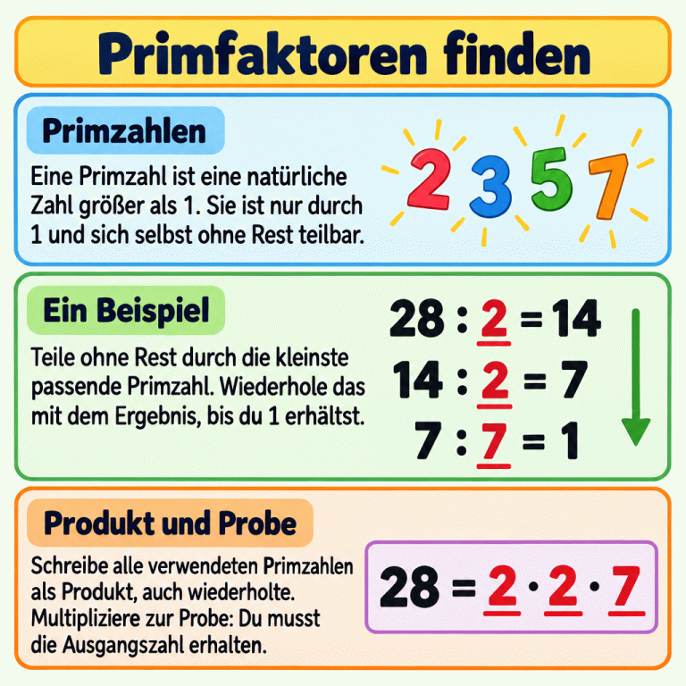 Lernkarte zur Primfaktorzerlegung. Eine Primzahl ist eine natürliche Zahl größer als 1, die nur durch 1 und sich selbst ohne Rest teilbar ist. Das Beispiel zeigt: 28 geteilt durch 2 ergibt 14, 14 geteilt durch 2 ergibt 7 und 7 geteilt durch 7 ergibt 1. Die Primfaktoren sind 2, 2 und 7. Ihr Produkt ergibt wieder 28. Beide Zweien werden mitgeschrieben; die 1 ist kein Primfaktor. Primfaktoren finden Primzahlen: Eine Primzahl ist eine natürliche Zahl größer als 1. Sie ist nur durch 1 und sich selbst ohne Rest teilbar. Ein Beispiel: Teile ohne Rest durch die kleinste passende Primzahl. Wiederhole das mit dem Ergebnis, bis du 1 erhältst. Produkt und Probe: Schreibe alle verwendeten Primzahlen als Produkt, auch wiederholte. Multipliziere zur Probe: Du musst die Ausgangszahl erhalten. 28 : 2 = 14 14 : 2 = 7 7 : 7 = 1 28 = 2 · 2 · 7 2 3 5 7
