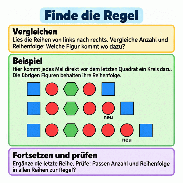Beispiel mit drei Reihen. Oben: Quadrat, Kreis, Sechseck, Kreis, Quadrat. In der Mitte stehen zwei Kreise zwischen Sechseck und letztem Quadrat, unten drei. Der jeweils neue Kreis ist mit „neu“ beschriftet. Der Kreis vor dem Sechseck und die Reihenfolge der übrigen Figuren bleiben gleich. Finde die Regel Vergleichen: Lies die Reihen von links nach rechts. Vergleiche Anzahl und Reihenfolge: Welche Figur kommt wo dazu? Beispiel: Hier kommt jedes Mal direkt vor dem letzten Quadrat ein Kreis dazu. Die übrigen Figuren behalten ihre Reihenfolge. Fortsetzen und prüfen: Ergänze die letzte Reihe. Prüfe: Passen Anzahl und Reihenfolge in allen Reihen zur Regel? neu