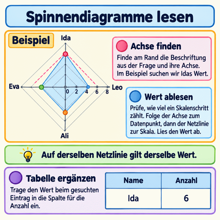 Ein gekennzeichnetes Lehrbeispiel zeigt ein Spinnendiagramm mit den Achsen Ida, Leo, Ali und Eva. Die gemeinsame Skala reicht von 0 in der Mitte bis 8 in Zweierschritten. Idas Datenpunkt liegt auf derselben Netzlinie wie der Skalenwert 6. In der Tabelle steht deshalb bei Ida die Anzahl 6. Drei Textabschnitte erklären das Finden der Achse, das Ablesen an der Skala und das Eintragen in die passende Tabellenzelle. Spinnendiagramme lesen Achse finden: Finde am Rand die Beschriftung aus der Frage und ihre Achse. Im Beispiel suchen wir Idas Wert. Wert ablesen: Prüfe, wie viel ein Skalenschritt zählt. Folge der Achse zum Datenpunkt, dann der Netzlinie zur Skala. Lies den Wert ab. Tabelle ergänzen: Trage den Wert beim gesuchten Eintrag in die Spalte für die Anzahl ein. Auf derselben Netzlinie gilt derselbe Wert. Beispiel Ida Leo Ali Eva 2 4 6 8 Name Anzahl