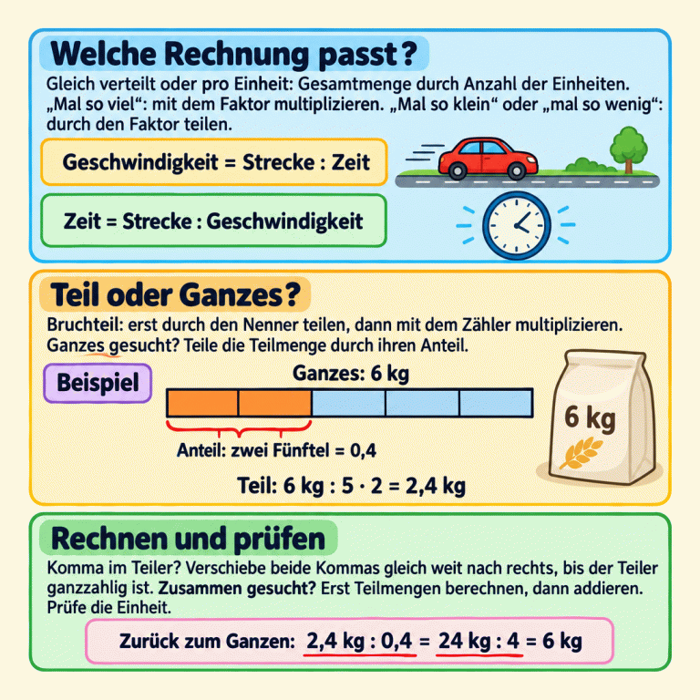 Drei Abschnitte erklären passende Rechenwege für Dezimal-Sachaufgaben. Gleich verteilte Mengen und Angaben pro Einheit werden durch Teilen berechnet. Bei „mal so viel“ wird mit dem Faktor multipliziert, bei „mal so klein“ oder „mal so wenig“ durch ihn geteilt. Geschwindigkeit ist Strecke durch Zeit; Zeit ist Strecke durch Geschwindigkeit. Für einen Bruchteil teilt man durch den Nenner und multipliziert mit dem Zähler. Für das Ganze teilt man die Teilmenge durch ihren Anteil. Im Beispiel stellt ein Balken 6 kg dar. Zwei seiner fünf gleichen Teile sind markiert: zwei Fünftel, also 0,4 des Ganzen und damit 2,4 kg. Zurückgerechnet ergibt 2,4 kg durch 0,4 dasselbe wie 24 kg durch 4, nämlich 6 kg. Beide Kommas werden gleich weit verschoben, bis der Teiler ganzzahlig ist. Für gesuchte Summen werden zuerst die Teilmengen berechnet, dann addiert. Die Einheit wird geprüft. Welche Rechnung passt?: Gleich verteilt oder pro Einheit: Gesamtmenge durch Anzahl der Einheiten. „Mal so viel“: mit dem Faktor multiplizieren. „Mal so klein“ oder „mal so wenig“: durch den Faktor teilen. Teil oder Ganzes?: Bruchteil: erst durch den Nenner teilen, dann mit dem Zähler multiplizieren. Ganzes gesucht? Teile die Teilmenge durch ihren Anteil. Rechnen und prüfen: Komma im Teiler? Verschiebe beide Kommas gleich weit nach rechts, bis der Teiler ganzzahlig ist. Zusammen gesucht? Erst Teilmengen berechnen, dann addieren. Prüfe die Einheit. Geschwindigkeit = Strecke : Zeit Zeit = Strecke : Geschwindigkeit Beispiel Ganzes: 6 kg Anteil: zwei Fünftel = 0,4 Teil: 6 kg : 5 · 2 = 2,4 kg Zurück zum Ganzen: 2,4 kg : 0,4 = 24 kg : 4 = 6 kg 6 kg