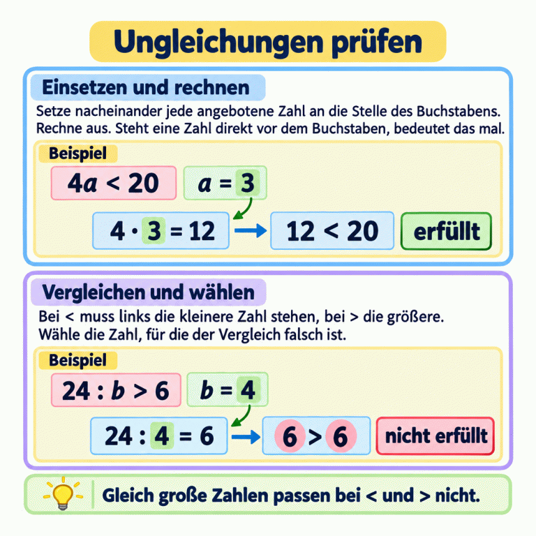 Angebotene Zahlen werden nacheinander für den Buchstaben eingesetzt und ausgerechnet. Bei < muss links die kleinere, bei > die größere Zahl stehen. Erstes Beispiel: Für a = 3 wird aus 4a < 20 der wahre Vergleich 12 < 20; die Ungleichung ist erfüllt. Zweites Beispiel: Für b = 4 ergibt 24 : b den Wert 6. Der Vergleich 6 > 6 ist falsch, also ist die Ungleichung nicht erfüllt. Gesucht ist die nicht passende Zahl. Gleichheit passt bei beiden Zeichen nicht. Ungleichungen prüfen Einsetzen und rechnen: Setze nacheinander jede angebotene Zahl an die Stelle des Buchstabens. Rechne aus. Steht eine Zahl direkt vor dem Buchstaben, bedeutet das mal. Vergleichen und wählen: Bei < muss links die kleinere Zahl stehen, bei > die größere. Wähle die Zahl, für die der Vergleich falsch ist. Gleich große Zahlen passen bei < und > nicht. Beispiel 4a < 20 a = 3 4 · 3 = 12 12 < 20 erfüllt 24 : b > 6 b = 4 24 : 4 = 6 6 > 6 nicht erfüllt