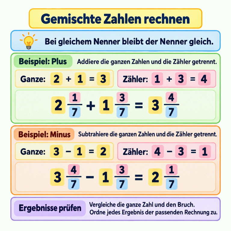Bei gemischten Zahlen mit gleichem Nenner werden ganze Zahlen und Zähler getrennt gerechnet. Der Nenner bleibt gleich. Plusbeispiel: 2 1/7 + 1 3/7 = 3 4/7, mit den Teilrechnungen 2 + 1 = 3 und 1 + 3 = 4. Minusbeispiel: 3 4/7 − 1 3/7 = 2 1/7, mit 3 − 1 = 2 und 4 − 3 = 1. Zum Zuordnen werden die ganze Zahl und der Bruch jedes Ergebnisses mit der Rechnung verglichen. Gemischte Zahlen rechnen Beispiel: Plus: Addiere die ganzen Zahlen und die Zähler getrennt. Beispiel: Minus: Subtrahiere die ganzen Zahlen und die Zähler getrennt. Ergebnisse prüfen: Vergleiche die ganze Zahl und den Bruch. Ordne jedes Ergebnis der passenden Rechnung zu. Bei gleichem Nenner bleibt der Nenner gleich. Ganze: Zähler: 2 + 1 = 3 1 + 3 = 4 2 1/7 + 1 3/7 = 3 4/7 3 − 1 = 2 4 − 3 = 1 3 4/7 − 1 3/7 = 2 1/7