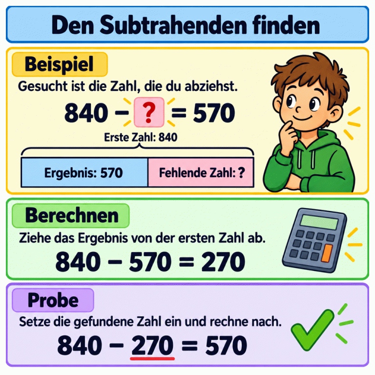 Beispiel für einen fehlenden Subtrahenden: 840 minus eine unbekannte Zahl ergibt 570. Ein Teil-Ganzes-Bild zeigt 840 als Ganzes mit den Teilen 570 und der unbekannten Zahl. Ziehe das Ergebnis von der ersten Zahl ab: 840 minus 570 ergibt 270. Die Probe bestätigt: 840 minus 270 ergibt 570. Den Subtrahenden finden Beispiel: Gesucht ist die Zahl, die du abziehst. Berechnen: Ziehe das Ergebnis von der ersten Zahl ab. Probe: Setze die gefundene Zahl ein und rechne nach. 840 − ? = 570 Erste Zahl: 840 Ergebnis: 570 Fehlende Zahl: ? 840 − 570 = 270 840 − 270 = 570 ✓