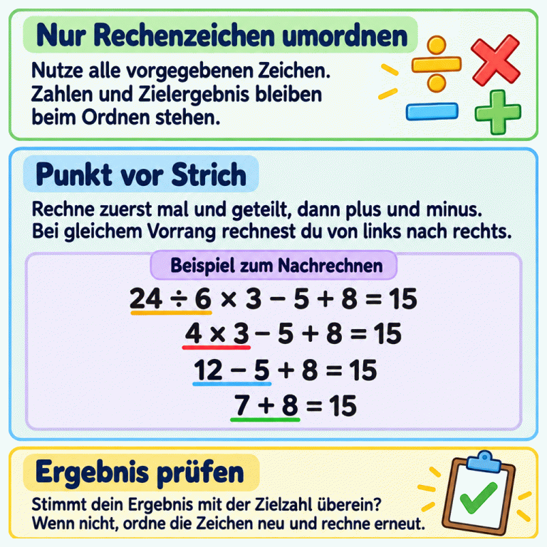 Lernkarte zum Umordnen von Rechenzeichen. Alle vorgegebenen Zeichen werden genutzt; Zahlen und Zielergebnis bleiben beim Ordnen stehen. Es gilt Punkt vor Strich und bei gleichem Vorrang von links nach rechts. Beispiel zum Nachrechnen: 24 geteilt durch 6 mal 3 minus 5 plus 8 ergibt 15. Die nächsten Zeilen lauten: 4 mal 3 minus 5 plus 8 gleich 15; 12 minus 5 plus 8 gleich 15; 7 plus 8 gleich 15. Zum Schluss wird das Ergebnis mit der Zielzahl verglichen. Bei einer Abweichung werden die Zeichen neu geordnet und die Rechnung erneut geprüft. Nur Rechenzeichen umordnen: Nutze alle vorgegebenen Zeichen. Zahlen und Zielergebnis bleiben beim Ordnen stehen. Punkt vor Strich: Rechne zuerst mal und geteilt, dann plus und minus. Bei gleichem Vorrang rechnest du von links nach rechts. Ergebnis prüfen: Stimmt dein Ergebnis mit der Zielzahl überein? Wenn nicht, ordne die Zeichen neu und rechne erneut. Beispiel zum Nachrechnen 24 ÷ 6 × 3 − 5 + 8 = 15 4 × 3 − 5 + 8 = 15 12 − 5 + 8 = 15 7 + 8 = 15 ÷ × − + ✓