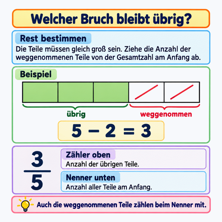 Ein gekennzeichnetes Beispiel zeigt einen Streifen aus fünf gleich großen Teilen. Drei bleiben übrig, zwei sind als weggenommen markiert. Die Rechnung lautet fünf minus zwei gleich drei. Im zugehörigen Bruch steht drei als Zähler über fünf als Nenner. Der Zähler zählt die übrigen Teile. Der Nenner zählt alle Teile am Anfang, auch die weggenommenen. Welcher Bruch bleibt übrig? Rest bestimmen: Die Teile müssen gleich groß sein. Ziehe die Anzahl der weggenommenen Teile von der Gesamtzahl am Anfang ab. Zähler oben: Anzahl der übrigen Teile. Nenner unten: Anzahl aller Teile am Anfang. Auch die weggenommenen Teile zählen beim Nenner mit. Beispiel übrig weggenommen 5 2 3 − =