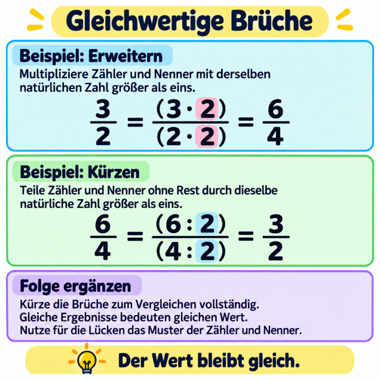 Beispiel zum Erweitern: Drei Halbe sind sechs Viertel, denn Zähler und Nenner werden jeweils mit zwei multipliziert. Der Rückweg zeigt das Kürzen: Beide werden ohne Rest durch zwei geteilt. Allgemein wird dieselbe natürliche Zahl größer als eins verwendet. Zum Vergleichen vollständig kürzen: Gleiche Ergebnisse bedeuten gleichen Wert. In die Lücken gehören gleichwertige Brüche, die außerdem zum Muster der Zähler und Nenner passen. Der Bruchwert bleibt gleich. Gleichwertige Brüche Beispiel: Erweitern: Multipliziere Zähler und Nenner mit derselben natürlichen Zahl größer als eins. Beispiel: Kürzen: Teile Zähler und Nenner ohne Rest durch dieselbe natürliche Zahl größer als eins. Folge ergänzen: Kürze die Brüche zum Vergleichen vollständig. Gleiche Ergebnisse bedeuten gleichen Wert. Nutze für die Lücken das Muster der Zähler und Nenner. Der Wert bleibt gleich. 3/2 = (3 · 2)/(2 · 2) = 6/4 6/4 = (6 : 2)/(4 : 2) = 3/2