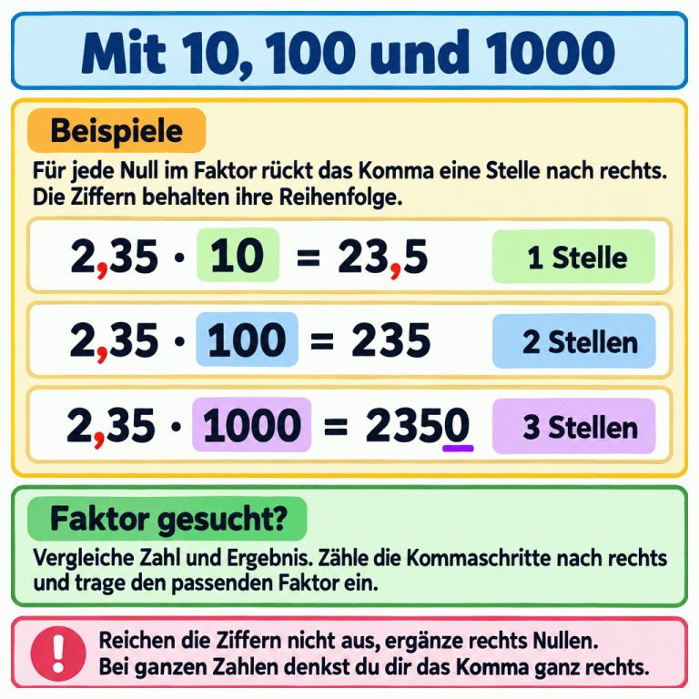 Drei Lehrbeispiele zeigen die Verschiebung des Kommas nach rechts: 2,35 mal 10 ergibt 23,5, mal 100 ergibt 235 und mal 1000 ergibt 2350. Dazu gehören eine, zwei und drei Stellen. Die vorhandenen Ziffern behalten ihre Reihenfolge; fehlende Stellen werden rechts mit Nullen ergänzt. Bei ganzen Zahlen wird das Komma ganz rechts gedacht. Um einen fehlenden Faktor zu finden, vergleicht man Zahl und Ergebnis und zählt die Kommaschritte. Mit 10, 100 und 1000 Beispiele: Für jede Null im Faktor rückt das Komma eine Stelle nach rechts. Die Ziffern behalten ihre Reihenfolge. Faktor gesucht?: Vergleiche Zahl und Ergebnis. Zähle die Kommaschritte nach rechts und trage den passenden Faktor ein. Reichen die Ziffern nicht aus, ergänze rechts Nullen. Bei ganzen Zahlen denkst du dir das Komma ganz rechts. 2,35 · 10 = 23,5 1 Stelle 2,35 · 100 = 235 2 Stellen 2,35 · 1000 = 2350 3 Stellen !