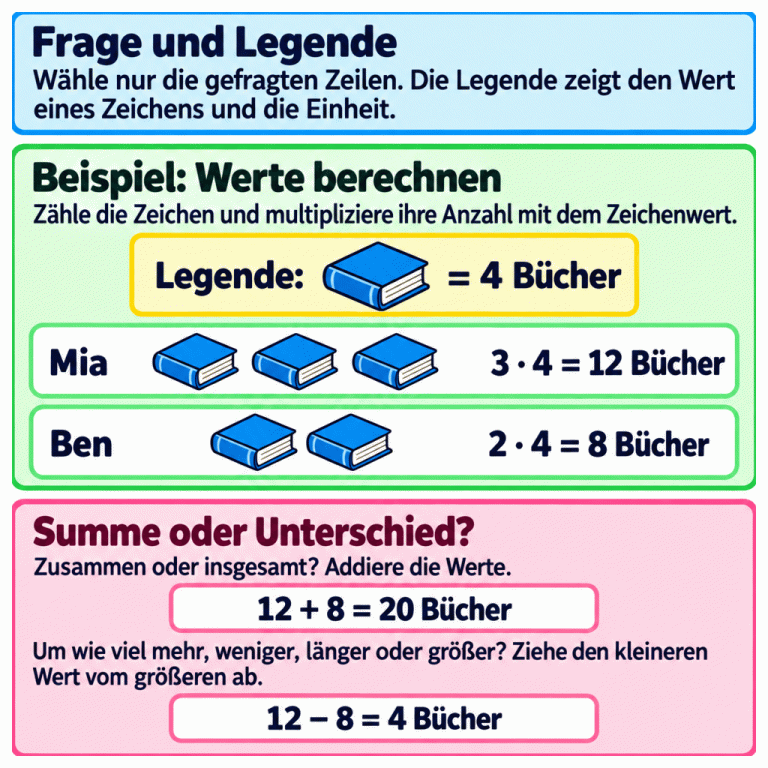 Ein Lehrbeispiel zeigt Bücher als Bildzeichen. Laut Legende steht ein Zeichen für vier Bücher. Mia hat drei Zeichen: drei mal vier ergibt zwölf Bücher. Ben hat zwei Zeichen: zwei mal vier ergibt acht Bücher. Zusammen sind es zwölf plus acht, also zwanzig Bücher. Der Unterschied ist zwölf minus acht, also vier Bücher. Die Anleitung erklärt: nur die gefragten Zeilen auswählen, den Zeichenwert aus der Legende verwenden und je nach Frage addieren oder den kleineren Wert vom größeren abziehen. Frage und Legende: Wähle nur die gefragten Zeilen. Die Legende zeigt den Wert eines Zeichens und die Einheit. Beispiel: Werte berechnen: Zähle die Zeichen und multipliziere ihre Anzahl mit dem Zeichenwert. Summe oder Unterschied?: Zusammen oder insgesamt? Addiere die Werte. Um wie viel mehr, weniger, länger oder größer? Ziehe den kleineren Wert vom größeren ab. Legende: = 4 Bücher Mia Ben 3 · 4 = 12 Bücher 2 · 4 = 8 Bücher 12 + 8 = 20 Bücher 12 − 8 = 4 Bücher
