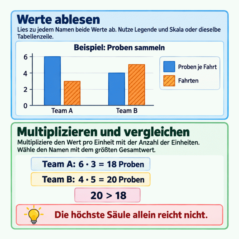 Ein Lehrbeispiel zeigt zwei Teams in einem gruppierten Säulendiagramm. Team A sammelt 6 Proben je Fahrt bei 3 Fahrten, Team B 4 Proben je Fahrt bei 5 Fahrten. Legende und Skala helfen beim Ablesen; alternativ können beide Werte derselben Tabellenzeile entnommen werden. Die Rechnungen ergeben für Team A 18 Proben und für Team B 20 Proben. Weil 20 größer als 18 ist, hat Team B im Beispiel den größeren Gesamtwert. Die Methode lautet: Für jeden Namen den Wert pro Einheit mit der Anzahl der Einheiten multiplizieren und anschließend die Gesamtwerte vergleichen. Die höchste einzelne Säule reicht nicht. Werte ablesen: Lies zu jedem Namen beide Werte ab. Nutze Legende und Skala oder dieselbe Tabellenzeile. Multiplizieren und vergleichen: Multipliziere den Wert pro Einheit mit der Anzahl der Einheiten. Wähle den Namen mit dem größten Gesamtwert. Die höchste Säule allein reicht nicht. Beispiel: Proben sammeln Proben je Fahrt Fahrten Team A Team B 2 4 6 Team A: 6 · 3 = 18 Proben Team B: 4 · 5 = 20 Proben 20 > 18