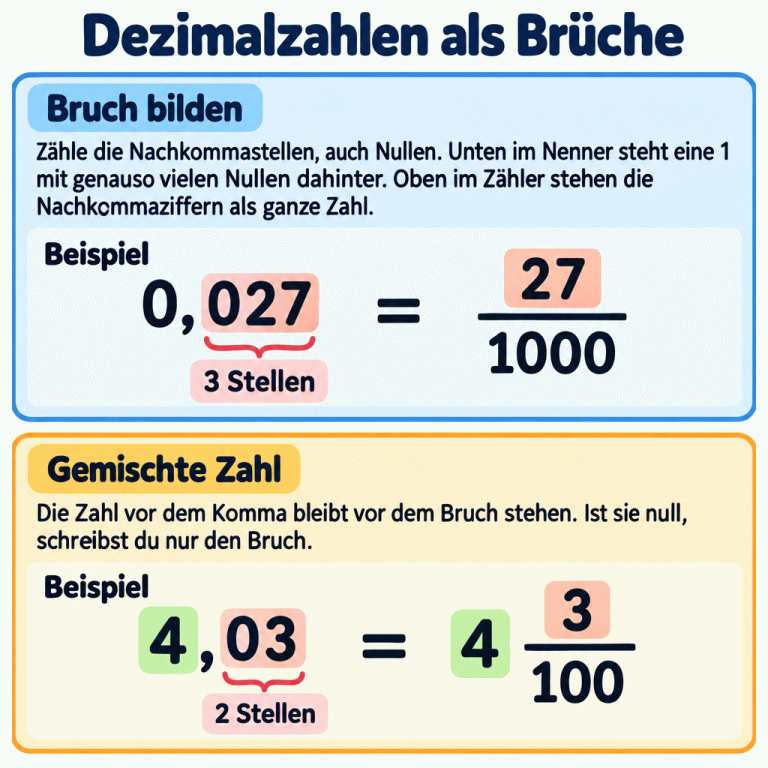 Zwei Lehrbeispiele zeigen das Umwandeln von Dezimalzahlen. Bei 0,027 zählen alle drei Nachkommastellen, auch die Null: Der Zähler ist 27, der Nenner 1000. Bei 4,03 ergeben die zwei Nachkommastellen den Bruch 3/100; die 4 bleibt als ganze Zahl davor stehen. Ein Ganzzahlanteil null wird vor dem Bruch nicht mitgeschrieben. Dezimalzahlen als Brüche Bruch bilden: Zähle die Nachkommastellen, auch Nullen. Unten im Nenner steht eine 1 mit genauso vielen Nullen dahinter. Oben im Zähler stehen die Nachkommaziffern als ganze Zahl. Gemischte Zahl: Die Zahl vor dem Komma bleibt vor dem Bruch stehen. Ist sie null, schreibst du nur den Bruch. Beispiel 0,027 = 27 1000 3 Stellen 4,03 4 3 100 2 Stellen