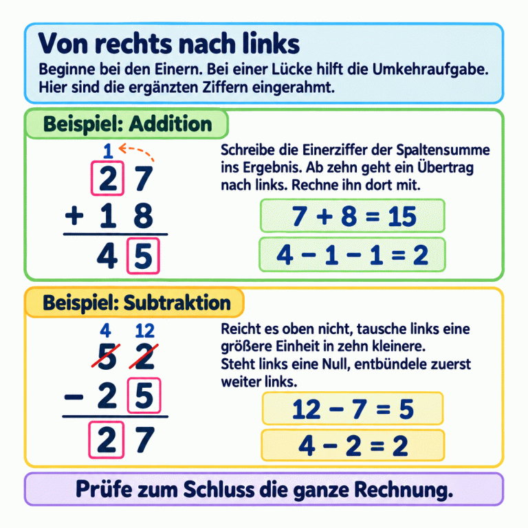Ziffernlücken werden von den Einern aus nach links ergänzt. Eingerahmt sind die eingesetzten Ziffern. Im Beispiel 27 + 18 = 45 ergibt die Einerrechnung 15: 5 Einer und 1 Zehner als Übertrag. Die ergänzte obere 2 ergibt sich aus 4 − 1 − 1. Im Beispiel 52 − 25 = 27 werden 5 Zehner und 2 Einer in 4 Zehner und 12 Einer umgetauscht. Die ergänzte untere 5 ergibt sich aus 12 − 7. Danach ergibt 4 − 2 die ergänzte Ergebnisziffer 2. Steht beim Entbündeln links eine Null, muss zuerst weiter links entbündelt werden. Zum Schluss wird die ganze Rechnung geprüft. Von rechts nach links: Beginne bei den Einern. Bei einer Lücke hilft die Umkehraufgabe. Hier sind die ergänzten Ziffern eingerahmt. Beispiel: Addition: Schreibe die Einerziffer der Spaltensumme ins Ergebnis. Ab zehn geht ein Übertrag nach links. Rechne ihn dort mit. Beispiel: Subtraktion: Reicht es oben nicht, tausche links eine größere Einheit in zehn kleinere. Steht links eine Null, entbündele zuerst weiter links. Prüfe zum Schluss die ganze Rechnung. 27 + 18 45 1 7 + 8 = 15 4 − 1 − 1 = 2 52 − 25 4 12 12 − 7 = 5 4 − 2 = 2