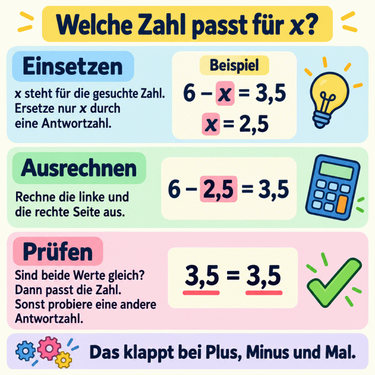Drei Schritte zum Prüfen einer Gleichung: eine Antwortzahl für x einsetzen, beide Seiten ausrechnen und die Werte vergleichen. Beispiel: 6 − x = 3,5. Mit x = 2,5 wird daraus 6 − 2,5 = 3,5 und anschließend 3,5 = 3,5. Die Beispielzahl passt. Die Methode gilt bei Plus, Minus und Mal. Bei ungleichen Werten wird eine andere Antwortzahl ausprobiert. Welche Zahl passt für x? Einsetzen: x steht für die gesuchte Zahl. Ersetze nur x durch eine Antwortzahl. Ausrechnen: Rechne die linke und die rechte Seite aus. Prüfen: Sind beide Werte gleich? Dann passt die Zahl. Sonst probiere eine andere Antwortzahl. Das klappt bei Plus, Minus und Mal. Beispiel 6 − x = 3,5 x = 2,5 6 − 2,5 = 3,5 3,5 = 3,5 ✓
