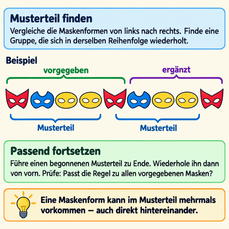 Ein Lehrbeispiel zeigt neun Masken. Der Musterteil besteht aus einer Maske mit spitzen Ecken, einer Maske mit tiefer Kerbe und zwei ovalen Masken direkt hintereinander. Diese Gruppe wiederholt sich. Die ersten fünf Masken sind vorgegeben. Ergänzt werden eine Maske mit Kerbe, zwei ovale Masken und danach wieder die spitze Maske. Klammern zeigen die beiden vollständigen Musterteile. Die Erklärung fordert dazu auf, eine begonnene Gruppe zuerst zu vervollständigen und die Regel an allen vorgegebenen Masken zu prüfen. Musterteil finden: Vergleiche die Maskenformen von links nach rechts. Finde eine Gruppe, die sich in derselben Reihenfolge wiederholt. Passend fortsetzen: Führe einen begonnenen Musterteil zu Ende. Wiederhole ihn dann von vorn. Prüfe: Passt die Regel zu allen vorgegebenen Masken? Eine Maskenform kann im Musterteil mehrmals vorkommen – auch direkt hintereinander. Beispiel vorgegeben ergänzt Musterteil