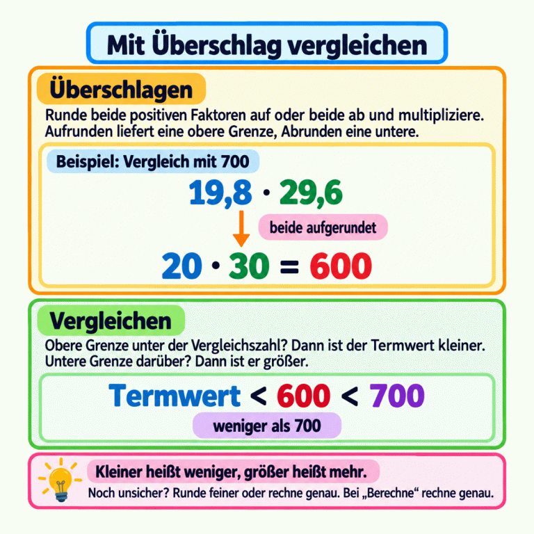 Mit Überschlag vergleichen: Runde beide positiven Faktoren auf oder beide ab und multipliziere. Aufrunden liefert eine obere Grenze, Abrunden eine untere. Im Lehrbeispiel werden 19,8 und 29,6 auf 20 und 30 aufgerundet. 20 mal 30 ergibt 600. Der ursprüngliche Termwert ist kleiner als 600 und damit kleiner als 700, also weniger als 700. Allgemein gilt: Liegt die obere Grenze unter der Vergleichszahl, ist der Termwert kleiner. Liegt die untere Grenze darüber, ist er größer. Reicht die Abschätzung nicht, runde feiner oder rechne genau. Bei „Berechne“ rechne genau. Mit Überschlag vergleichen Überschlagen: Runde beide positiven Faktoren auf oder beide ab und multipliziere. Aufrunden liefert eine obere Grenze, Abrunden eine untere. Vergleichen: Obere Grenze unter der Vergleichszahl? Dann ist der Termwert kleiner. Untere Grenze darüber? Dann ist er größer. Kleiner heißt weniger, größer heißt mehr. Noch unsicher? Runde feiner oder rechne genau. Bei „Berechne“ rechne genau. Beispiel: Vergleich mit 700 19,8 · 29,6 beide aufgerundet 20 · 30 = 600 Termwert < 600 < 700 weniger als 700