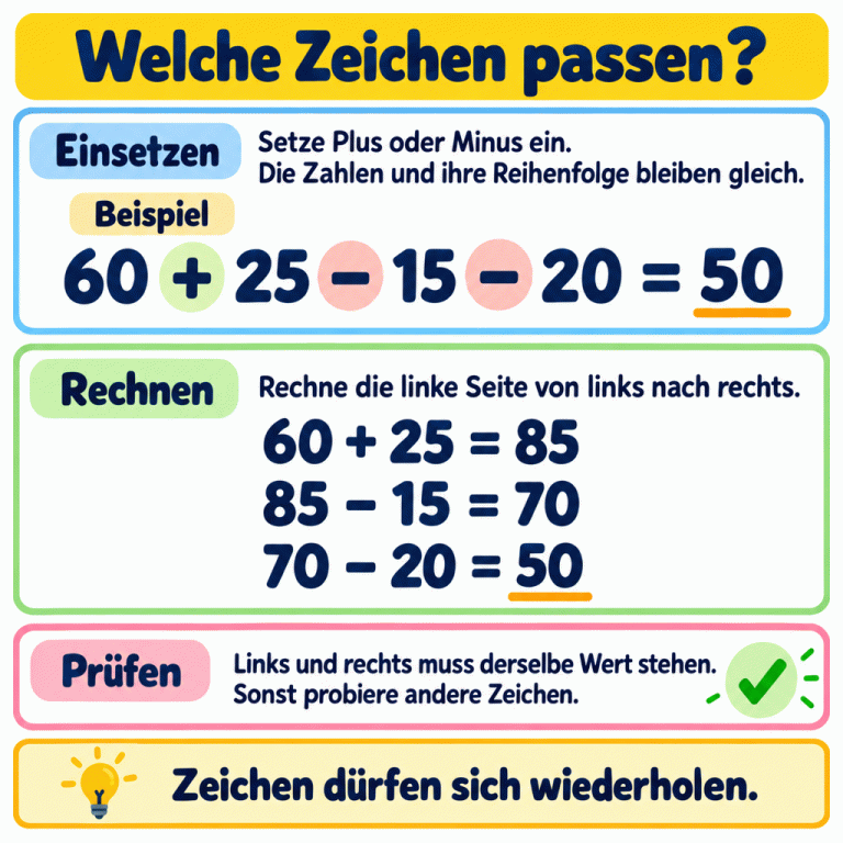 Ein Lehrbeispiel zeigt: 60 plus 25 minus 15 minus 20 ist gleich 50. Darunter wird von links nach rechts gerechnet: zuerst 85, dann 70, schließlich 50. Das Ergebnis stimmt mit der Zahl rechts überein. Die Zahlen und ihre Reihenfolge bleiben gleich; Rechenzeichen dürfen sich wiederholen. Welche Zeichen passen? Einsetzen: Setze Plus oder Minus ein. Die Zahlen und ihre Reihenfolge bleiben gleich. Rechnen: Rechne die linke Seite von links nach rechts. Prüfen: Links und rechts muss derselbe Wert stehen. Sonst probiere andere Zeichen. Zeichen dürfen sich wiederholen. Beispiel 60 + 25 − 15 − 20 = 50 60 + 25 = 85 85 − 15 = 70 70 − 20 = 50 ✓