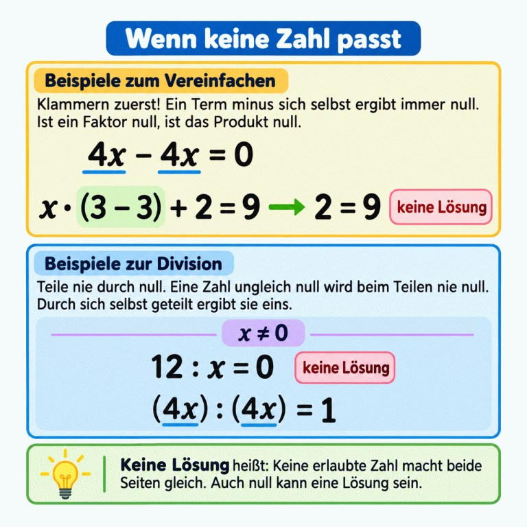 Vier Rechenbeispiele zeigen den gemeinsamen Weg: vereinfachen und beide Seiten vergleichen. 4x − 4x ergibt 0. Aus x · (3 − 3) + 2 = 9 wird die unmögliche Aussage 2 = 9. Für beide Divisionsbeispiele gilt x ≠ 0: 12 : x kann nicht 0 ergeben; (4x) : (4x) ergibt 1. Keine Lösung bedeutet, dass keine erlaubte Zahl beide Seiten gleich macht. Null kann trotzdem eine Lösung sein. Wenn keine Zahl passt Beispiele zum Vereinfachen: Klammern zuerst! Ein Term minus sich selbst ergibt immer null. Ist ein Faktor null, ist das Produkt null. Beispiele zur Division: Teile nie durch null. Eine Zahl ungleich null wird beim Teilen nie null. Durch sich selbst geteilt ergibt sie eins. Keine Lösung heißt: Keine erlaubte Zahl macht beide Seiten gleich. Auch null kann eine Lösung sein. 4x − 4x = 0 x · (3 − 3) + 2 = 9 2 = 9 keine Lösung x ≠ 0 12 : x = 0 (4x) : (4x) = 1
