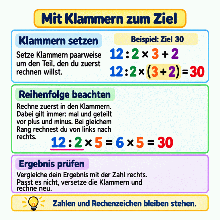 Lehrbeispiel mit Ziel 30: In der Rechnung zwölf geteilt durch zwei mal drei plus zwei wird die Summe drei plus zwei eingeklammert. Sie ergibt fünf. Danach wird von links nach rechts gerechnet: zwölf geteilt durch zwei ist sechs; sechs mal fünf ist dreißig. Klammern kommen zuerst, mal und geteilt vor plus und minus. Zahlen und Rechenzeichen bleiben stehen. Das Ergebnis wird mit dem Ziel verglichen. Mit Klammern zum Ziel Klammern setzen: Setze Klammern paarweise um den Teil, den du zuerst rechnen willst. Reihenfolge beachten: Rechne zuerst in den Klammern. Dabei gilt immer: mal und geteilt vor plus und minus. Bei gleichem Rang rechnest du von links nach rechts. Ergebnis prüfen: Vergleiche dein Ergebnis mit der Zahl rechts. Passt es nicht, versetze die Klammern und rechne neu. Zahlen und Rechenzeichen bleiben stehen. Beispiel: Ziel 30 12 : 2 × 3 + 2 12 : 2 × (3 + 2) = 30 12 : 2 × 5 = 6 × 5 = 30