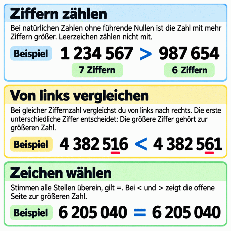 Drei Abschnitte erklären das Vergleichen natürlicher Zahlen. Im ersten Beispiel ist 1 234 567 mit sieben Ziffern größer als 987 654 mit sechs Ziffern. Bei 4 382 516 und 4 382 561 stimmen alle Stellen bis einschließlich der Hunderterstelle überein. Die erste Abweichung liegt bei den Zehnern: 1 ist kleiner als 6, deshalb ist die erste Zahl kleiner. Im dritten Beispiel sind beide Zahlen 6 205 040 gleich. Die offene Seite der Ungleichheitszeichen zeigt zur größeren Zahl. Ziffern zählen: Bei natürlichen Zahlen ohne führende Nullen ist die Zahl mit mehr Ziffern größer. Leerzeichen zählen nicht mit. Von links vergleichen: Bei gleicher Ziffernzahl vergleichst du von links nach rechts. Die erste unterschiedliche Ziffer entscheidet: Die größere Ziffer gehört zur größeren Zahl. Zeichen wählen: Stimmen alle Stellen überein, gilt =. Bei < und > zeigt die offene Seite zur größeren Zahl. Beispiel 1 234 567 > 987 654 7 Ziffern 6 Ziffern 4 382 516 < 4 382 561 6 205 040 =