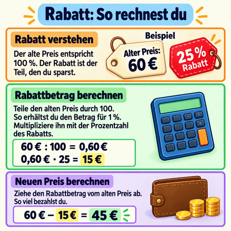 Ein gekennzeichnetes Beispiel zeigt einen alten Preis von 60 € und 25 % Rabatt. Zuerst wird durch 100 geteilt: 1 % entspricht 0,60 €. Danach ergibt 0,60 € mal 25 einen Rabattbetrag von 15 €. Vom alten Preis werden 15 € abgezogen. Der neue Preis beträgt 45 €. Der Rabattbetrag ist die Ersparnis, nicht der zu bezahlende Preis. Rabatt: So rechnest du Rabatt verstehen: Der alte Preis entspricht 100 %. Der Rabatt ist der Teil, den du sparst. Rabattbetrag berechnen: Teile den alten Preis durch 100. So erhältst du den Betrag für 1 %. Multipliziere ihn mit der Prozentzahl des Rabatts. Neuen Preis berechnen: Ziehe den Rabattbetrag vom alten Preis ab. So viel bezahlst du. Beispiel Alter Preis: 60 € 25 % Rabatt 60 € : 100 = 0,60 € 0,60 € · 25 = 15 € 60 € − 15 € = 45 € +