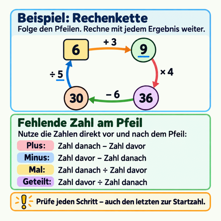 Eine ausgefüllte Rechenkette als Beispiel: 6 plus 3 ergibt 9, 9 mal 4 ergibt 36, 36 minus 6 ergibt 30 und 30 geteilt durch 5 führt zurück zur Startzahl 6. Jeder Pfeil ist ein eigener Rechenschritt. Für eine fehlende Zahl am Pfeil gilt: Bei Plus die Zahl danach minus die Zahl davor; bei Minus die Zahl davor minus die Zahl danach; bei Mal die Zahl danach geteilt durch die Zahl davor; bei Geteilt die Zahl davor geteilt durch die Zahl danach. Prüfe jeden Schritt, auch den letzten zur Startzahl. Beispiel: Rechenkette: Folge den Pfeilen. Rechne mit jedem Ergebnis weiter. Fehlende Zahl am Pfeil: Nutze die Zahlen direkt vor und nach dem Pfeil:
Plus: Zahl danach − Zahl davor
Minus: Zahl davor − Zahl danach
Mal: Zahl danach ÷ Zahl davor
Geteilt: Zahl davor ÷ Zahl danach Prüfe jeden Schritt – auch den letzten zur Startzahl. 6 9 36 30 + 3 × 4 − 6 ÷ 5 !
