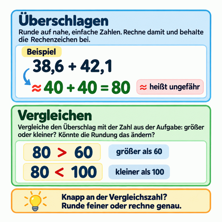 Die Karte erklärt Überschlagen und Vergleichen. Im Lehrbeispiel wird 38,6 + 42,1 näherungsweise zu 40 + 40 = 80 vereinfacht. Das Zeichen ≈ heißt ungefähr. Der Überschlag 80 ist größer als 60 und kleiner als 100. Die Rundung darf die Entscheidung nicht verändern. Bei einem knappen Vergleich soll feiner gerundet oder genau gerechnet werden. Überschlagen: Runde auf nahe, einfache Zahlen. Rechne damit und behalte die Rechenzeichen bei. Vergleichen: Vergleiche den Überschlag mit der Zahl aus der Aufgabe: größer oder kleiner? Könnte die Rundung das ändern? Knapp an der Vergleichszahl? Runde feiner oder rechne genau. Beispiel 38,6 + 42,1 ≈ 40 + 40 = 80 ≈ heißt ungefähr 80 > 60 größer als 60 80 < 100 kleiner als 100
