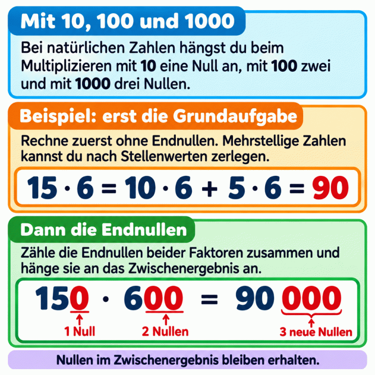 Die Karte erklärt die Endnullenregel für natürliche Zahlen: mal 10 eine Null, mal 100 zwei und mal 1000 drei Nullen anhängen. Im Beispiel ist 15 mal 6 gleich 10 mal 6 plus 5 mal 6, also 90. Bei 150 mal 600 werden eine und zwei Endnullen zusammengezählt. Drei neue Nullen werden an 90 angehängt: Das Ergebnis ist 90 000. Die vorhandene Null in 90 bleibt erhalten. Mit 10, 100 und 1000: Bei natürlichen Zahlen hängst du beim Multiplizieren mit 10 eine Null an, mit 100 zwei und mit 1000 drei Nullen. Beispiel: erst die Grundaufgabe: Rechne zuerst ohne Endnullen. Mehrstellige Zahlen kannst du nach Stellenwerten zerlegen. Dann die Endnullen: Zähle die Endnullen beider Faktoren zusammen und hänge sie an das Zwischenergebnis an. Nullen im Zwischenergebnis bleiben erhalten. 15 · 6 = 10 · 6 + 5 · 6 = 90 150 · 600 = 90 000 1 Null 2 Nullen 3 neue Nullen