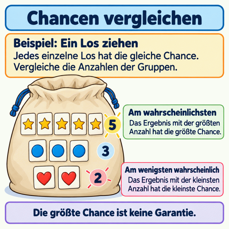 Ein Losbeispiel erklärt den Vergleich von Chancen. Jedes einzelne Los hat dieselbe Auswahlchance. Zum Ergebnis Stern gehören fünf Lose, zum Kreis drei und zum Herz zwei. Deshalb ist Stern am wahrscheinlichsten und Herz am wenigsten wahrscheinlich. Die größte Chance garantiert keinen bestimmten Ausgang. Chancen vergleichen Beispiel: Ein Los ziehen: Jedes einzelne Los hat die gleiche Chance. Vergleiche die Anzahlen der Gruppen. Am wahrscheinlichsten: Das Ergebnis mit der größten Anzahl hat die größte Chance. Am wenigsten wahrscheinlich: Das Ergebnis mit der kleinsten Anzahl hat die kleinste Chance. Die größte Chance ist keine Garantie. 5 3 2