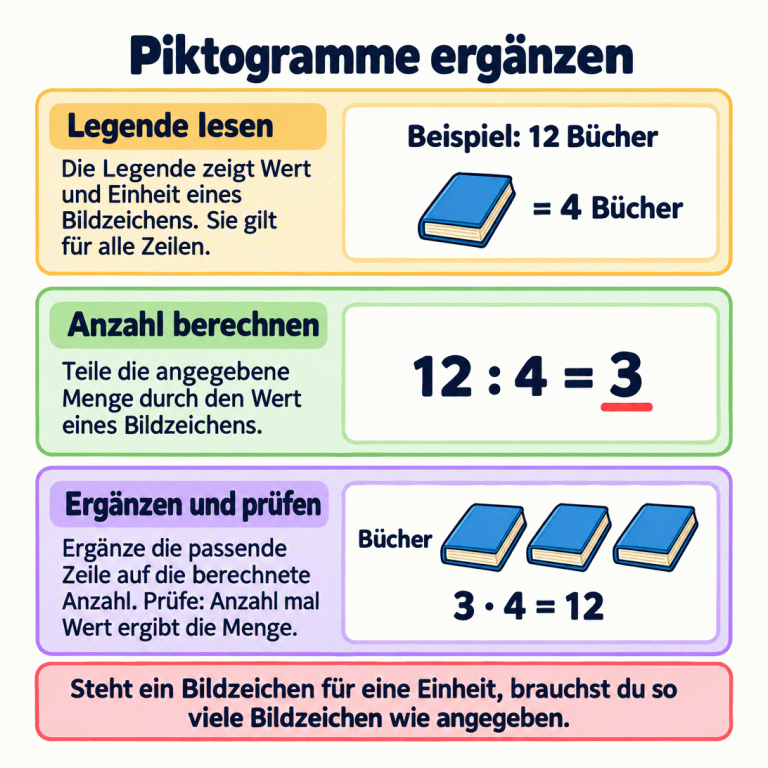 Anleitung mit einem Bücherbeispiel: Ein Buchzeichen steht für vier Bücher. Für zwölf Bücher ergibt zwölf geteilt durch vier drei Bildzeichen in der Zeile Bücher. Die Probe drei mal vier ergibt zwölf. Ein Hinweis erklärt: Steht ein Bildzeichen für eine Einheit, entspricht die Zeichenanzahl direkt der angegebenen Zahl. Piktogramme ergänzen Legende lesen: Die Legende zeigt Wert und Einheit eines Bildzeichens. Sie gilt für alle Zeilen. Anzahl berechnen: Teile die angegebene Menge durch den Wert eines Bildzeichens. Ergänzen und prüfen: Ergänze die passende Zeile auf die berechnete Anzahl. Prüfe: Anzahl mal Wert ergibt die Menge. Steht ein Bildzeichen für eine Einheit, brauchst du so viele Bildzeichen wie angegeben. Beispiel: 12 Bücher = 4 Bücher 12 : 4 = 3 Bücher 3 · 4 = 12