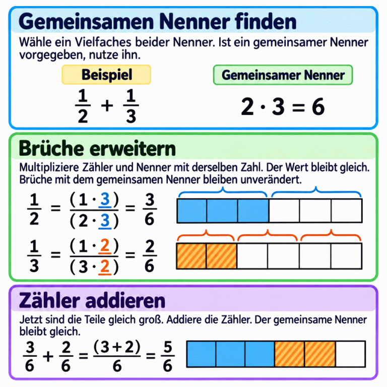 Ein Beispiel zeigt ein Halb plus ein Drittel. Als gemeinsamer Nenner wird sechs gewählt. Ein Halb wird mit drei zu drei Sechsteln erweitert, ein Drittel mit zwei zu zwei Sechsteln. Dabei werden jeweils Zähler und Nenner mit derselben Zahl multipliziert; der Wert bleibt gleich. Gleich große Bruchstreifen zeigen drei, zwei und zusammen fünf von sechs Teilen. Die Zähler werden addiert, der Nenner bleibt sechs. Brüche mit dem gemeinsamen Nenner bleiben unverändert. Gemeinsamen Nenner finden: Wähle ein Vielfaches beider Nenner. Ist ein gemeinsamer Nenner vorgegeben, nutze ihn. Brüche erweitern: Multipliziere Zähler und Nenner mit derselben Zahl. Der Wert bleibt gleich. Brüche mit dem gemeinsamen Nenner bleiben unverändert. Zähler addieren: Jetzt sind die Teile gleich groß. Addiere die Zähler. Der gemeinsame Nenner bleibt gleich. Beispiel 1/2 + 1/3 Gemeinsamer Nenner 2 · 3 = 6 1/2 = (1 · 3)/(2 · 3) = 3/6 1/3 = (1 · 2)/(3 · 2) = 2/6 3/6 + 2/6 = (3 + 2)/6 = 5/6