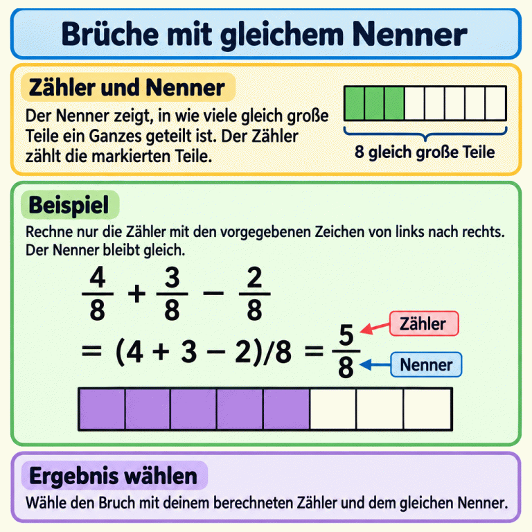 Bei Brüchen mit gleichem Nenner werden nur die Zähler mit den vorgegebenen Plus- und Minuszeichen von links nach rechts verrechnet. Der Nenner bleibt gleich. Das Beispiel zeigt: Vier Achtel plus drei Achtel minus zwei Achtel ergeben fünf Achtel. Ein Bruchstreifen ist in acht gleich große Teile geteilt; fünf sind markiert. Die Beschriftungen zeigen Zähler und Nenner. Gewählt wird der Bruch mit dem berechneten Zähler und dem gemeinsamen Nenner. Brüche mit gleichem Nenner Zähler und Nenner: Der Nenner zeigt, in wie viele gleich große Teile ein Ganzes geteilt ist. Der Zähler zählt die markierten Teile. Beispiel: Rechne nur die Zähler mit den vorgegebenen Zeichen von links nach rechts. Der Nenner bleibt gleich. Ergebnis wählen: Wähle den Bruch mit deinem berechneten Zähler und dem gleichen Nenner. 4/8 + 3/8 − 2/8
= (4 + 3 − 2)/8 = 5/8 Zähler Nenner 8 gleich große Teile